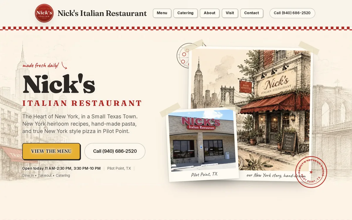 The Nick's Italian Restaurant homepage: a cream, hand-drawn scrapbook layout with the restaurant name, a View the Menu button and a call button.